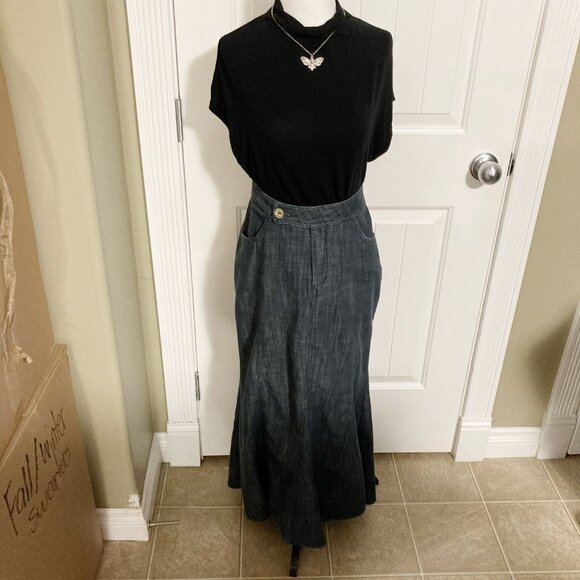 WALL ST Vintage blue denim mermaid maxi skirt ~ SMALL MEDIUM flared jean skirt - Picture 3 of 11